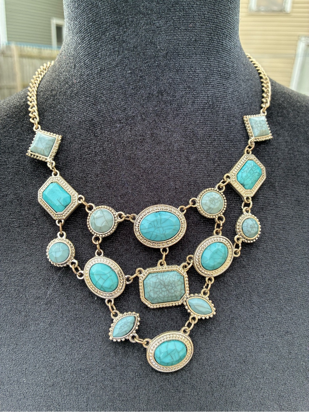Turquoise Multi-Stone Layered Necklace in Gold Tone